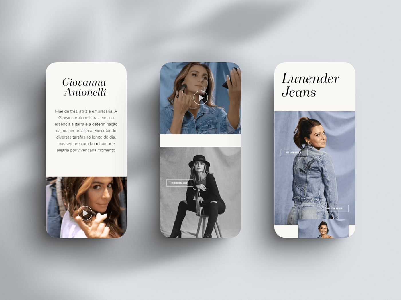 Telas mobile do site da Lunender com cards editoriais